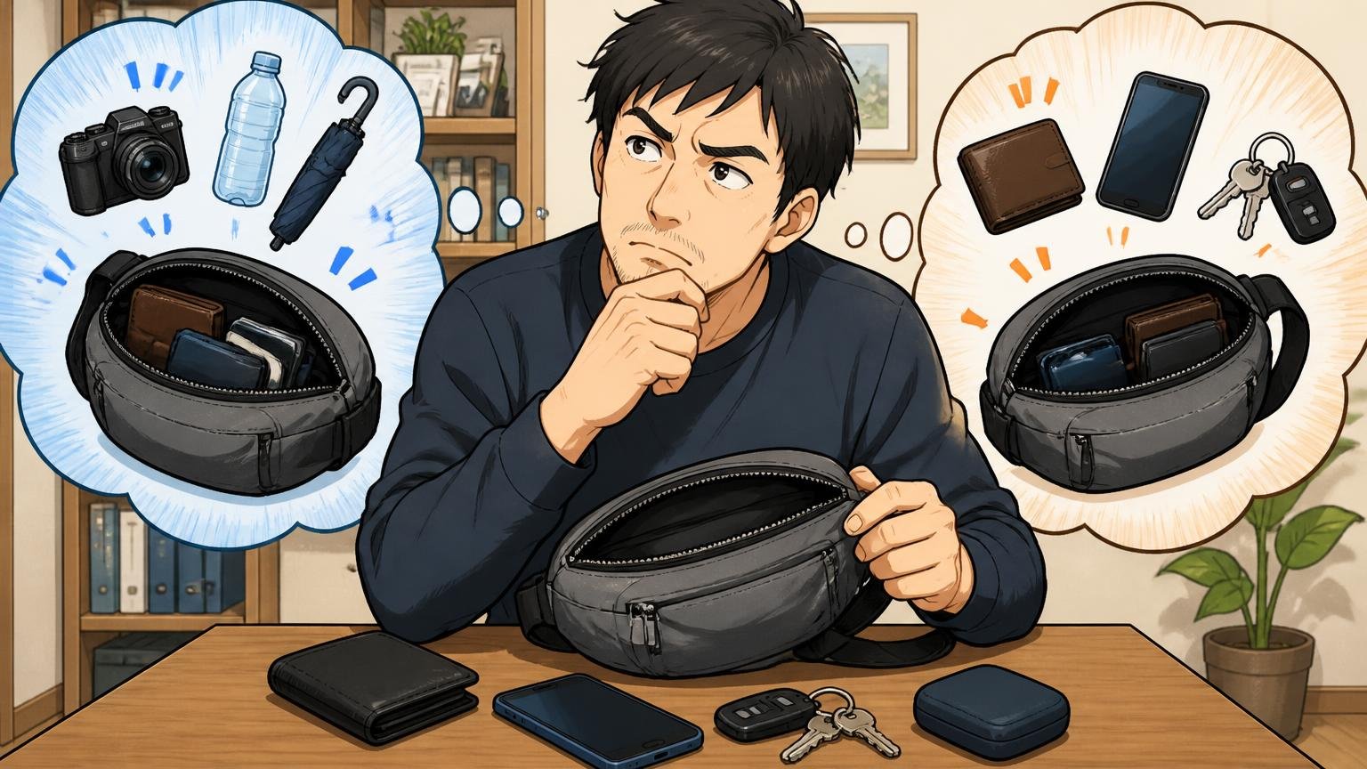 収納とサイズの評価は「何を入れるか」で真逆になる 自宅の机で財布やスマホをボディバッグに詰める40代男性が考え込む場面