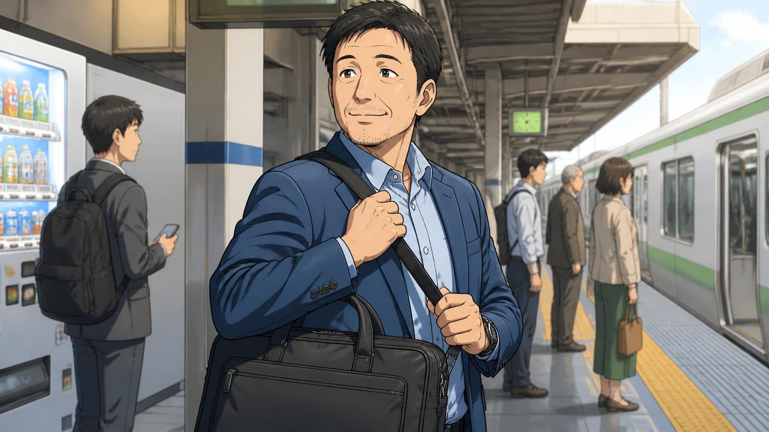 肩掛けと手持ちを切り替えられる2WAYを選ぶ、駅のホームでバッグを肩掛けに切り替える場面、40代男性1人がほっとした表情