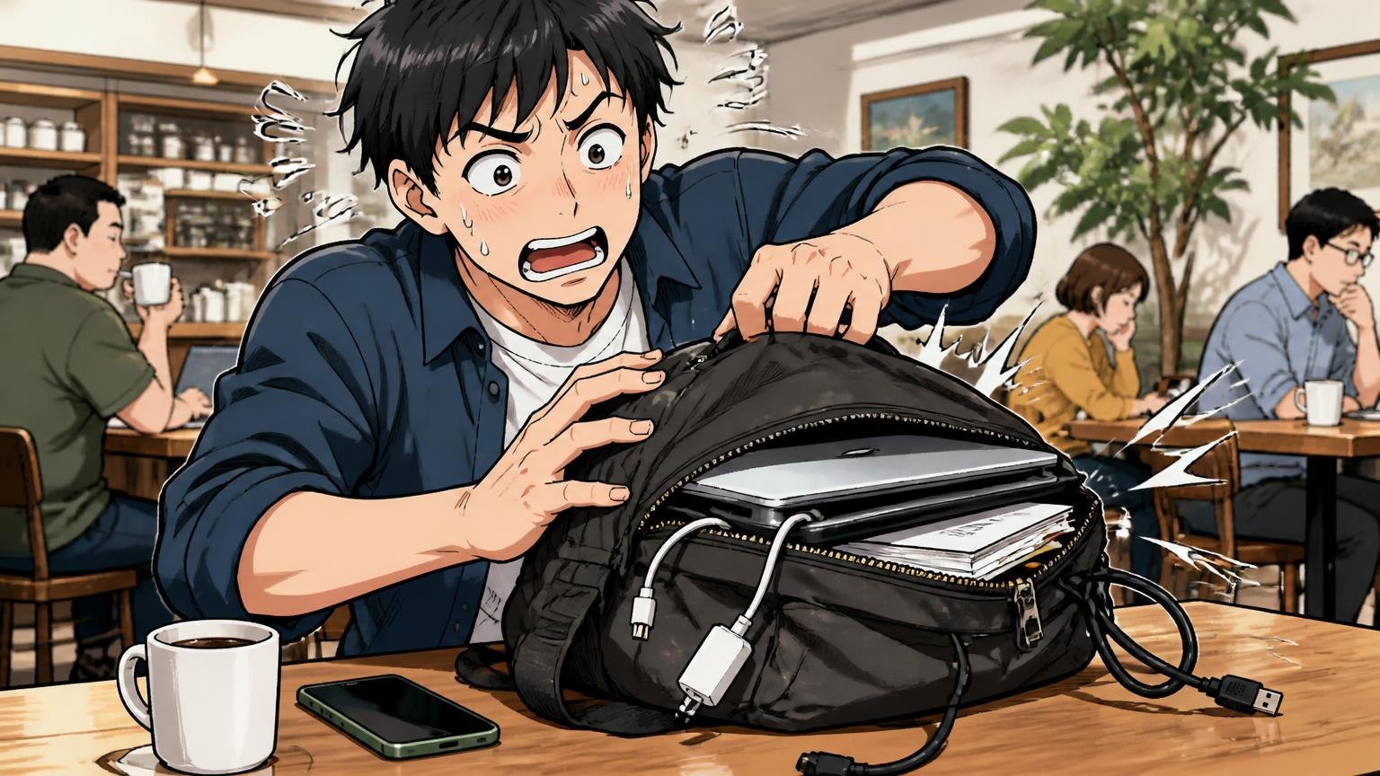 PCとケーブルを入れると余裕がない仕切りが少ない、カフェのテーブルでパンパンのリュックからケーブルがはみ出し焦る男性の場面