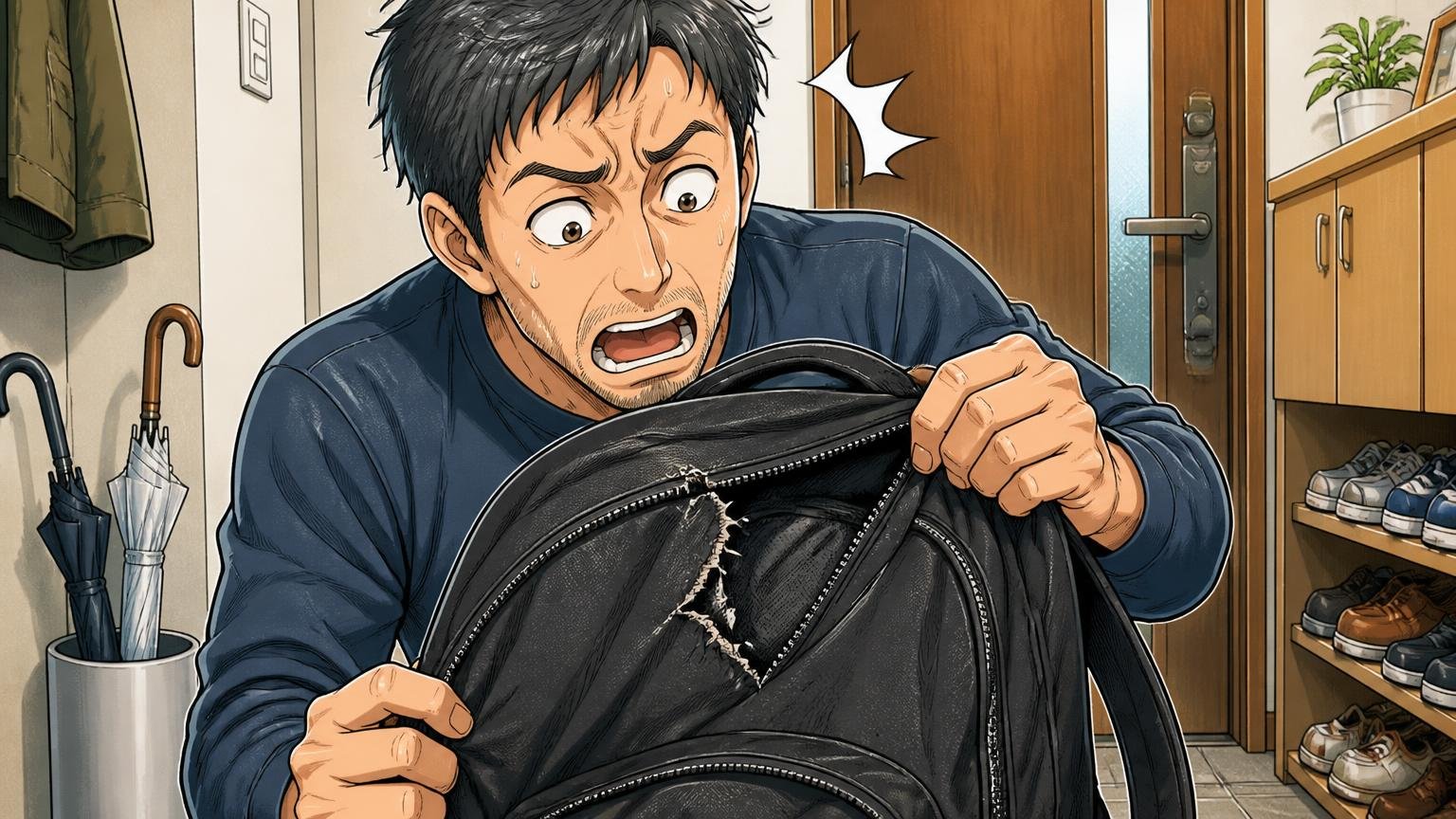 「3年で破れた」は本当?修理にかかる費用と期間、自宅の玄関で40代男性1人がファスナー脇の破れたリュックを見つけて愕然とする場面