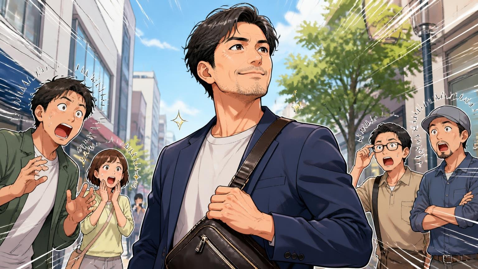 40代が持っても大丈夫？「20〜30代向け」という声への答え、休日の街角でショルダーを掛けた40代男性が胸を張る場面