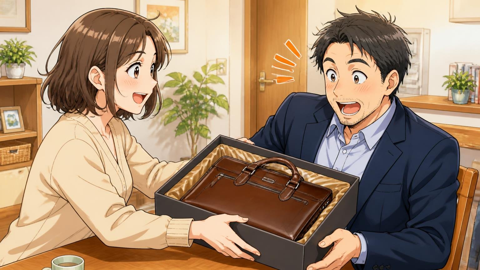 贈り物に「語れる背景」がほしい人 自宅のダイニングで、30代女性1人が40代の夫に革のビジネスバッグの箱を手渡し、夫が驚いて喜ぶ場面