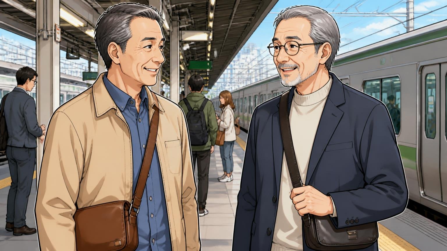 50代以上が持つなら|軽さと落ち着いた色を最優先に 駅のホームで小ぶりな革のショルダーバッグを肩にかけて穏やかに笑う50代男性と60代男性の2人の場面