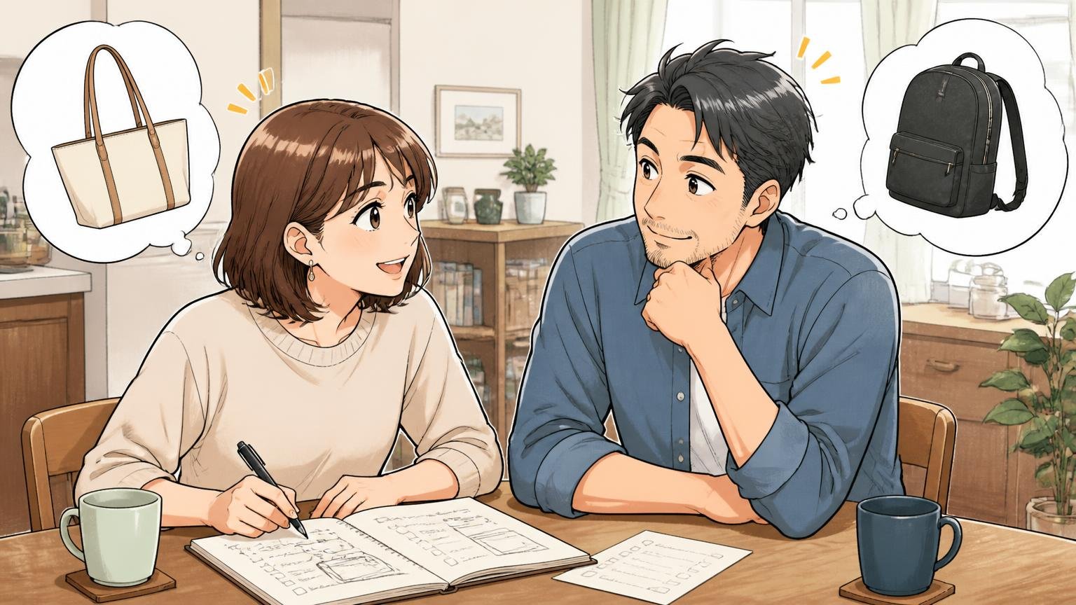 迷ったら年齢よりバッグに求めるもので決める 自宅のダイニングでメモを書きながら相談する30代女性と40代男性の夫婦2人が頷き合う場面