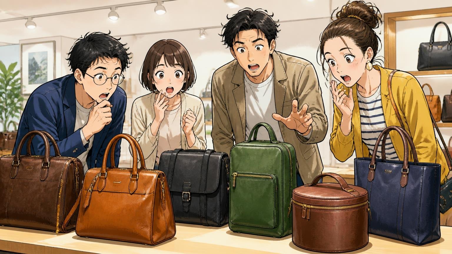 シリーズで印象はがらりと変わる ショールームのテーブルに並んだ形の違う革バッグを見比べる男女4人が驚く場面