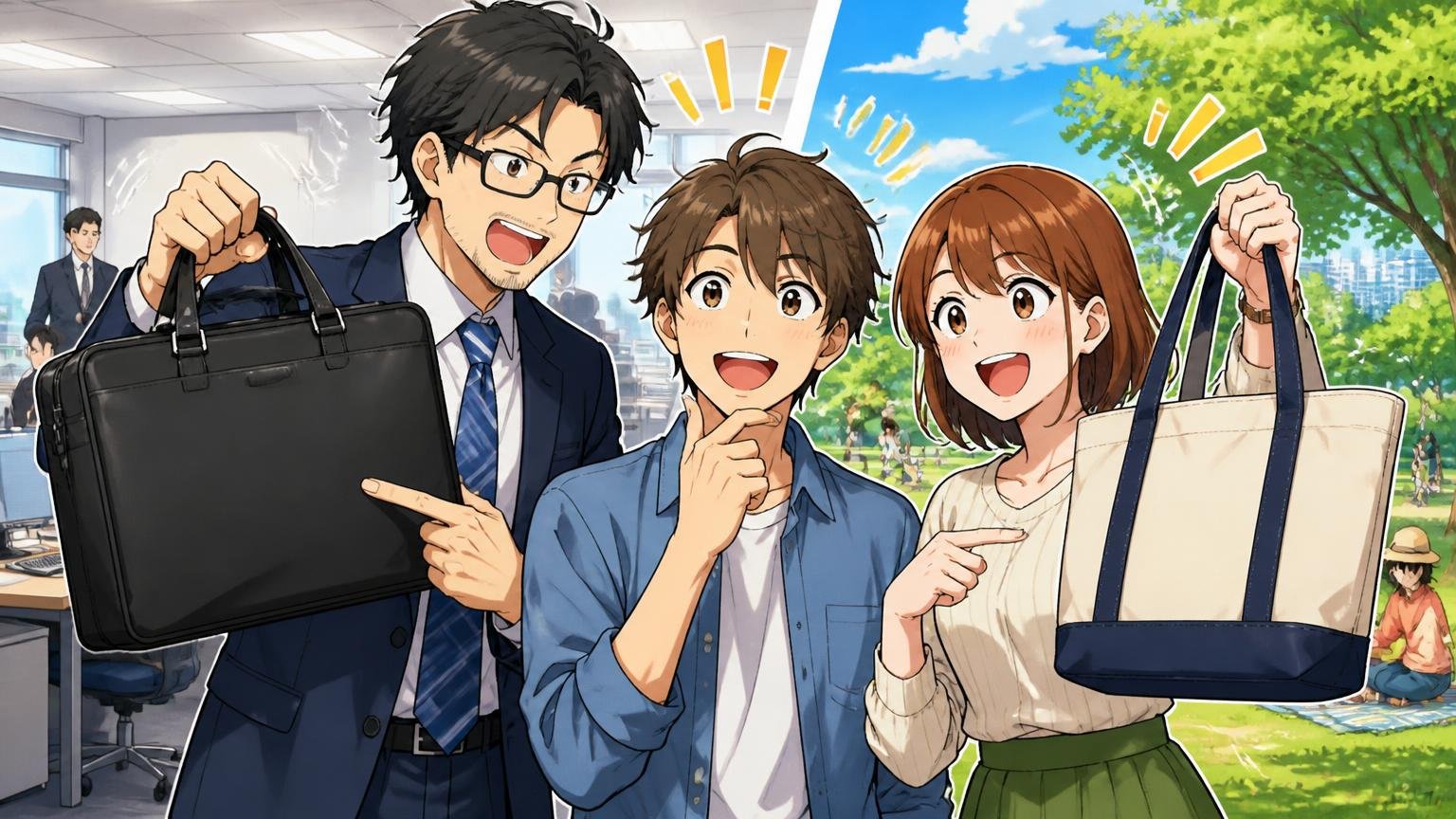 評価が割れる本当の理由は年齢ではなくモデルと場面 オフィスと休日の公園を背景に2種類のバッグを掲げて納得する男女3人