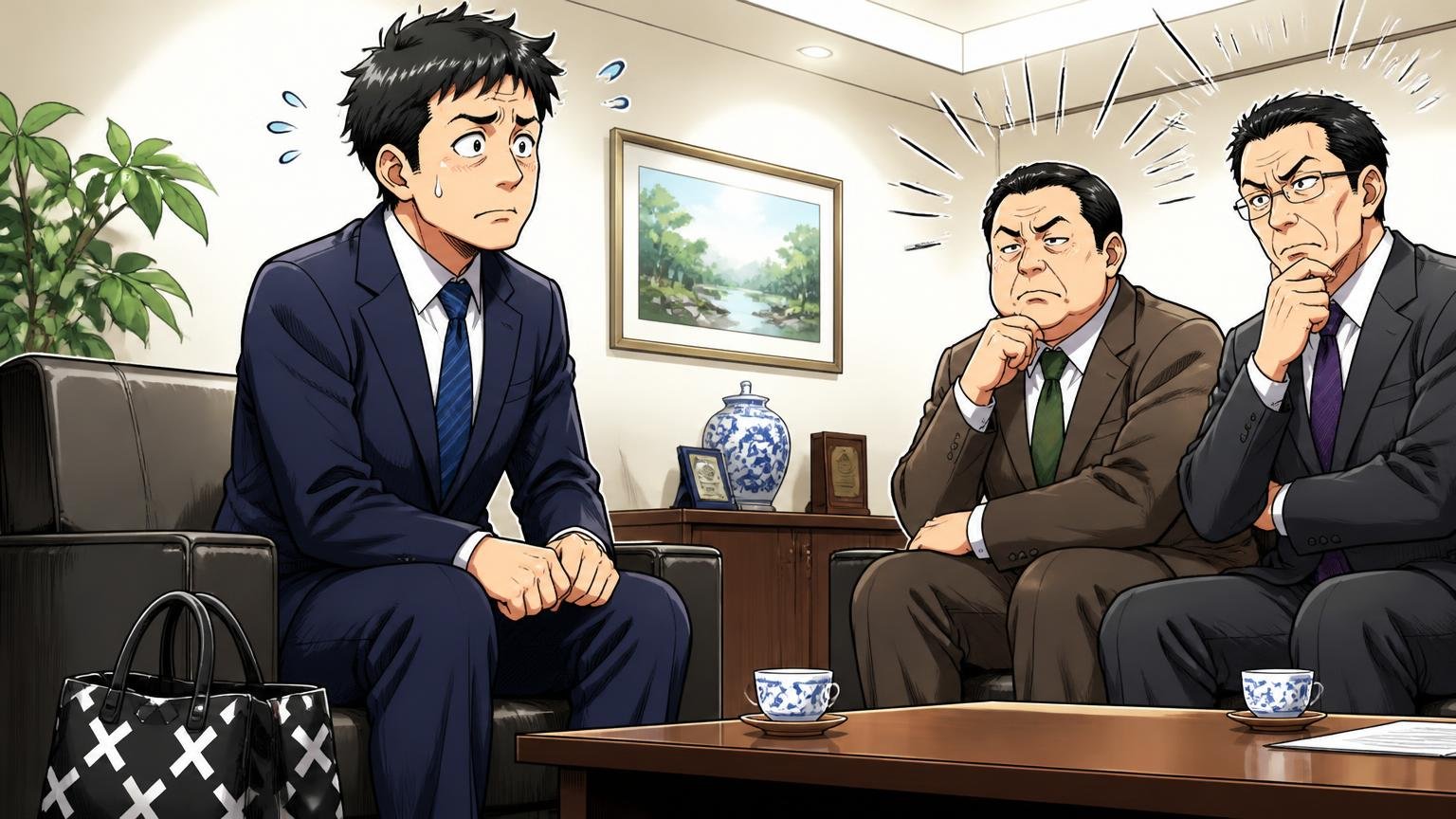 商談や初対面の場では「カジュアル」に見られることがある 取引先の応接室でバッテン柄のバッグを足元に置き相手の反応を気にする40代営業マン1人