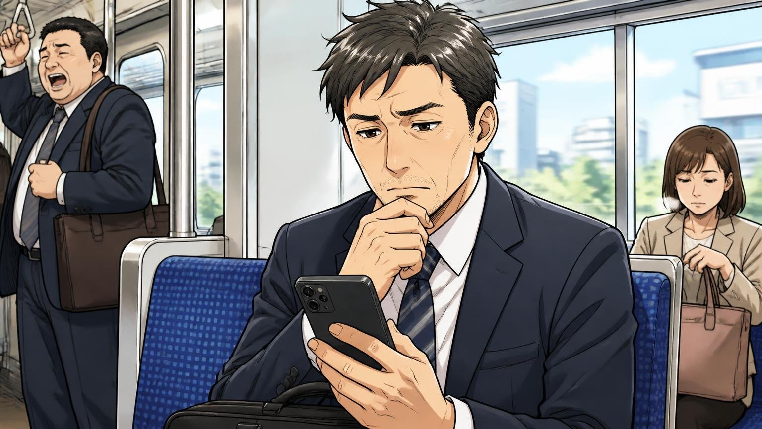 口コミは何年使った人の声かで読む、通勤電車の座席でスマホの口コミを読みながら考え込む40代男性の場面