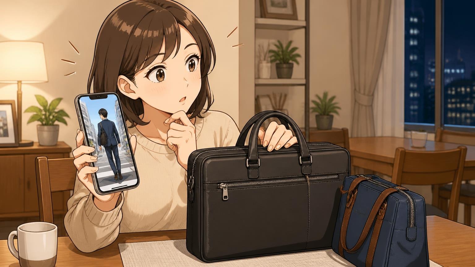 夫へのプレゼントなら「職場の服装」を先に確かめる 夜のダイニングで30代女性がスマホで夫の通勤姿の写真を見ながらバッグを選ぶ場面