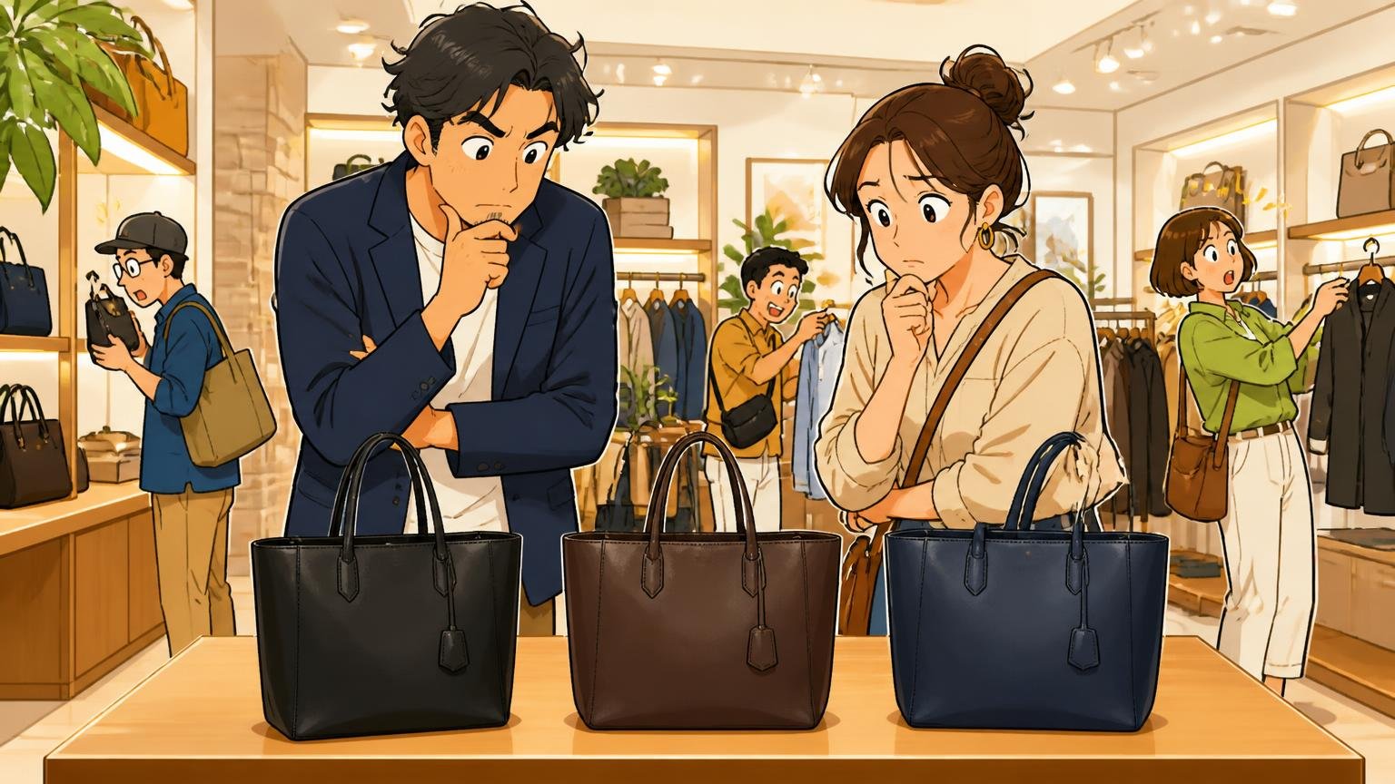 色とロゴ：黒・こげ茶・ネイビーの無地を選ぶ｜セレクトショップで3色の革トートを並べ夫婦が真剣に見比べる場面