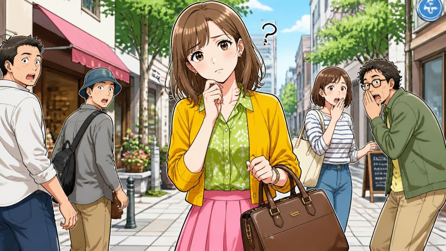 上品だからこそ服装を選ぶ声。休日の街角でカラフルな私服に革のビジネスバッグを合わせて首をかしげる30代女性1人