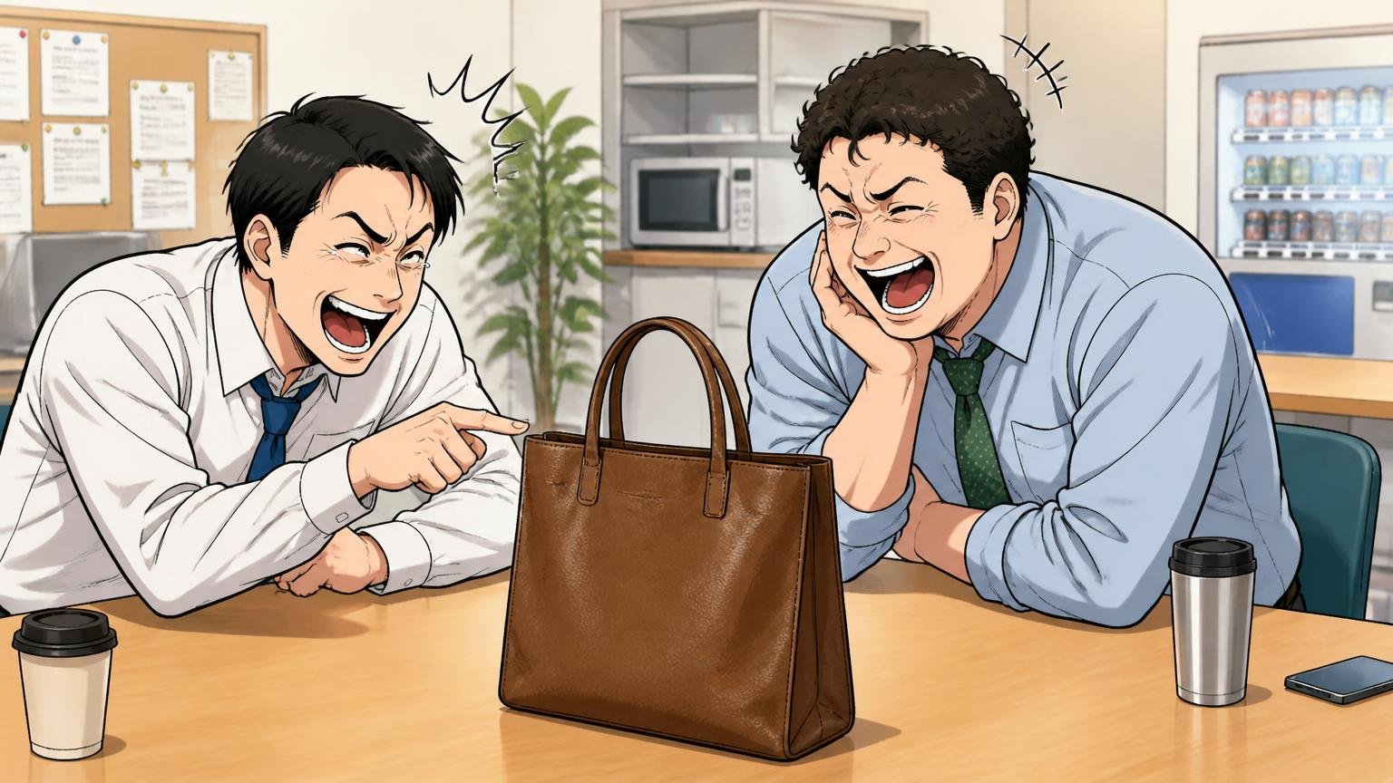 「ダサい」「野暮ったい」という声の正体 職場の休憩スペースで同僚2人がロゴのない革バッグを見て笑い合う場面