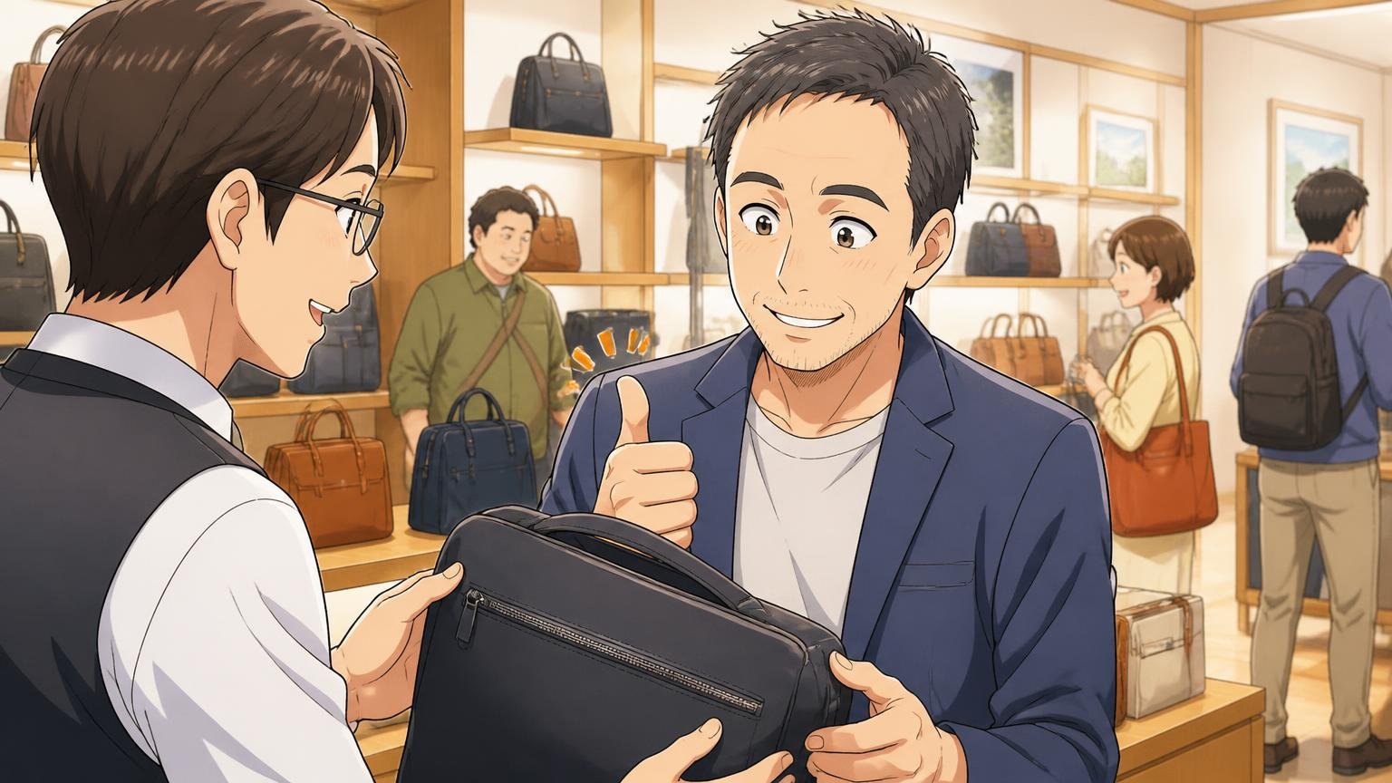 全国の公式店舗で実物を確かめられる バッグ店の売り場で店員と商品を確かめる40代男性客1人が笑顔でうなずく場面