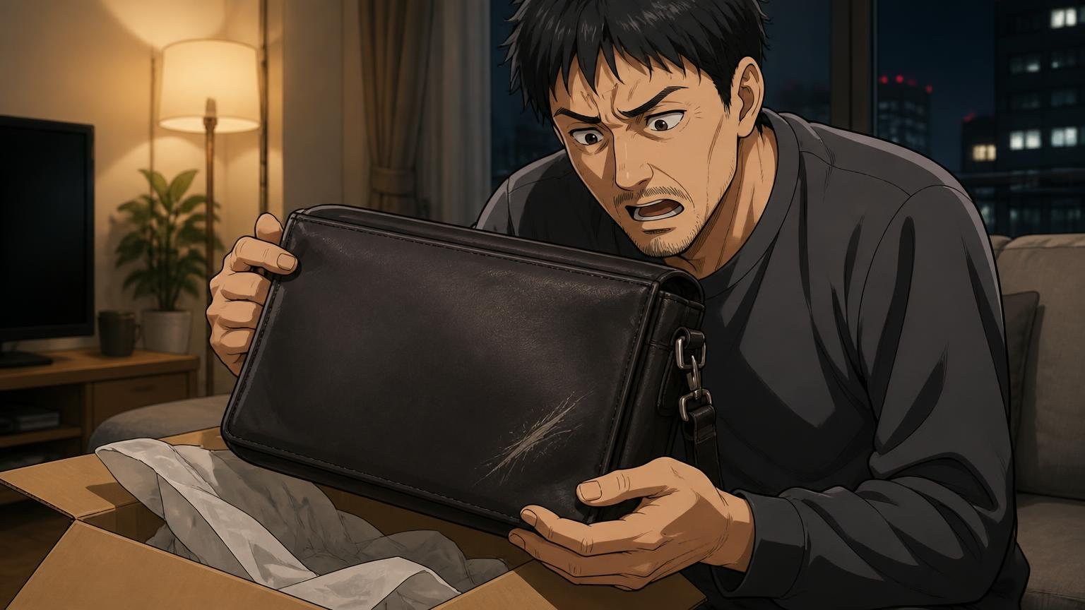 色が暗め 傷があった 通販で買うときの注意点 夜のリビングで40代男性が届いたバッグの箱を開けて色を確かめる場面