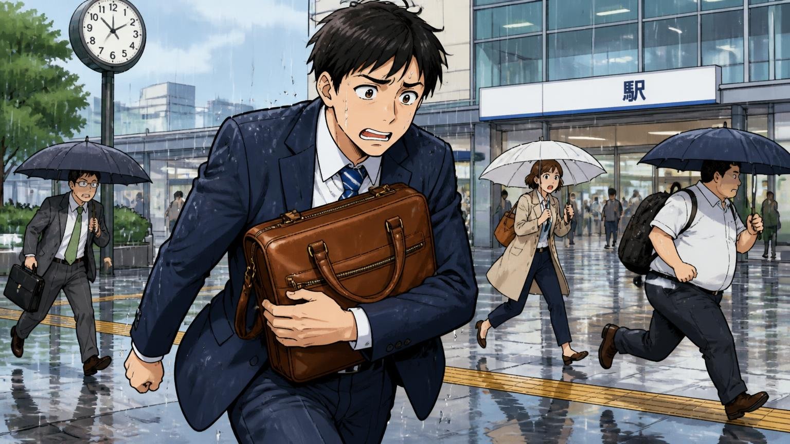 本革なので、雨の日は気をつかう、雨の駅前で革のビジネスバッグを胸に抱えて小走りする男性1人
