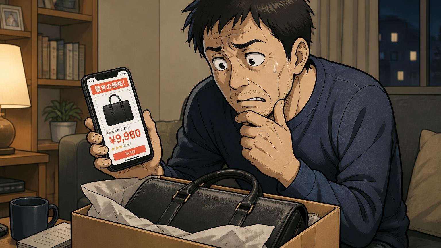 安さにつられて「本物か」不安を抱えたまま買った 夜のリビングで通販サイトの安い価格を見ながら箱の革バッグを不安そうに眺める40代男性1人の場面