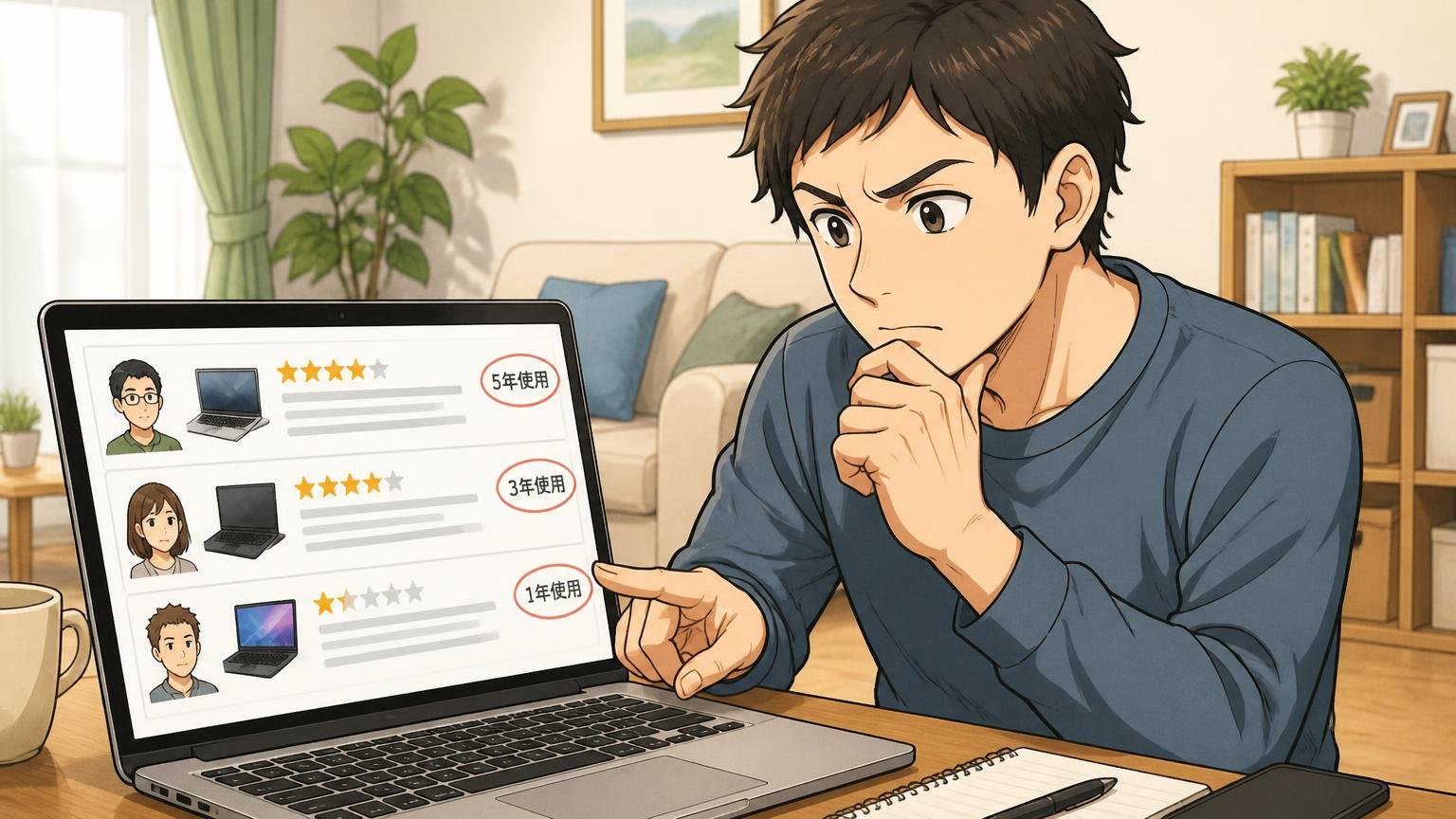 星の数より「何年使った人の声か」を見る 自宅のリビングでノートPCの口コミ画面を真剣に見比べる男性1人