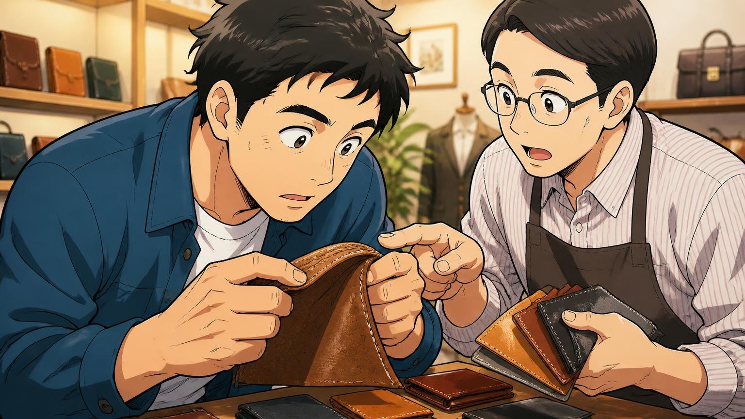 「革が硬い・薄いものもある」と現物確認をすすめる声 ショールームで店員と一緒に革の厚みと手触りを確かめる男性