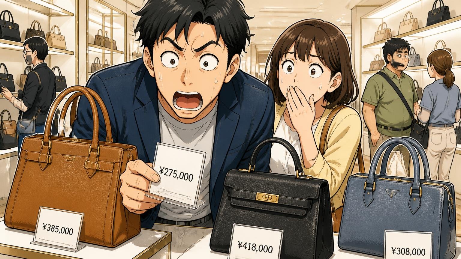 「価格が高い」という声と、実際の価格帯、百貨店のバッグ売り場で値札を見て目を丸くする男性1人と付き添う女性1人