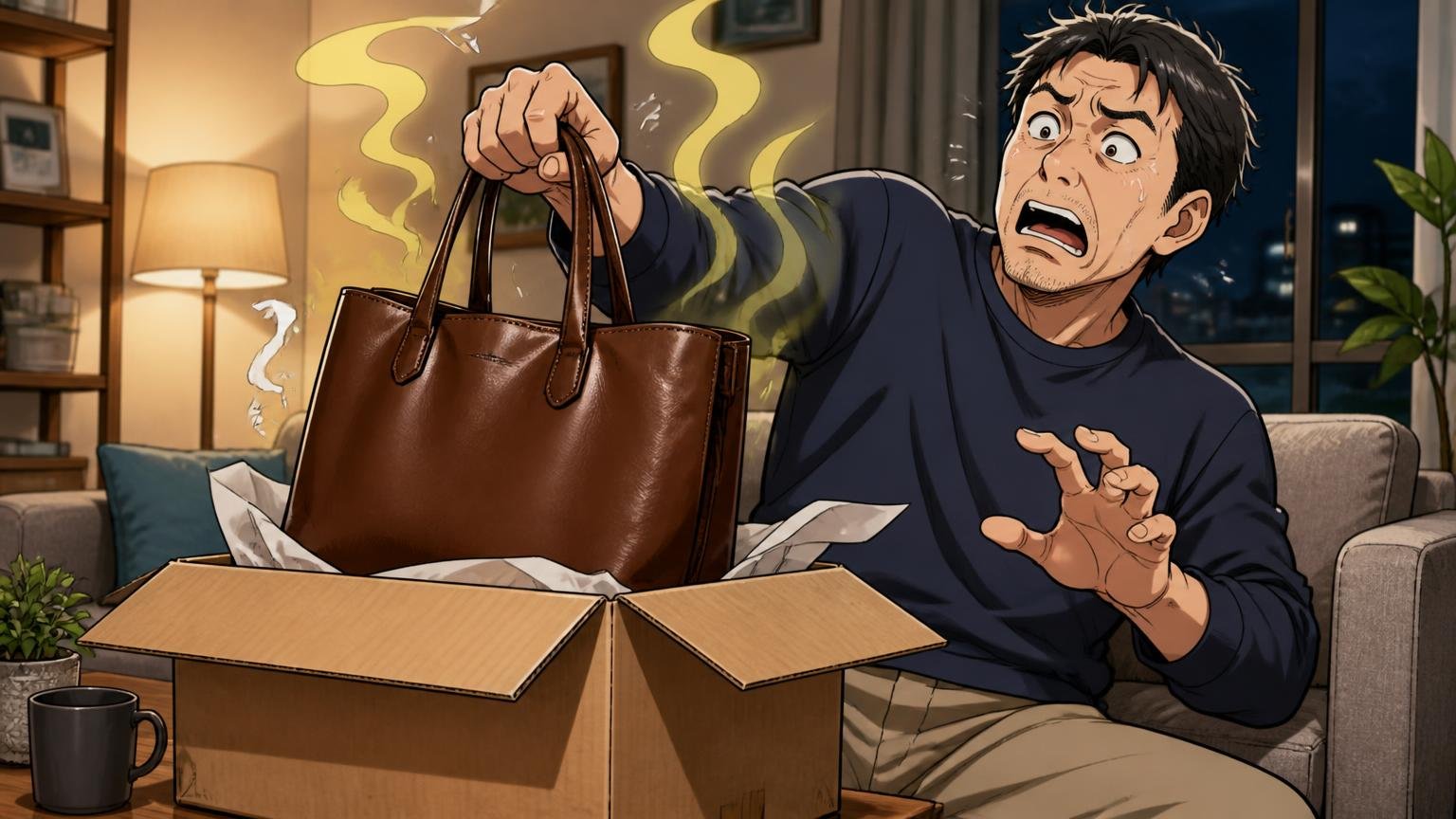 革の匂い・色味・内装には個体差がある、夜のリビングで届いた箱から革トートを取り出した40代男性が匂いに驚いてのけぞる場面