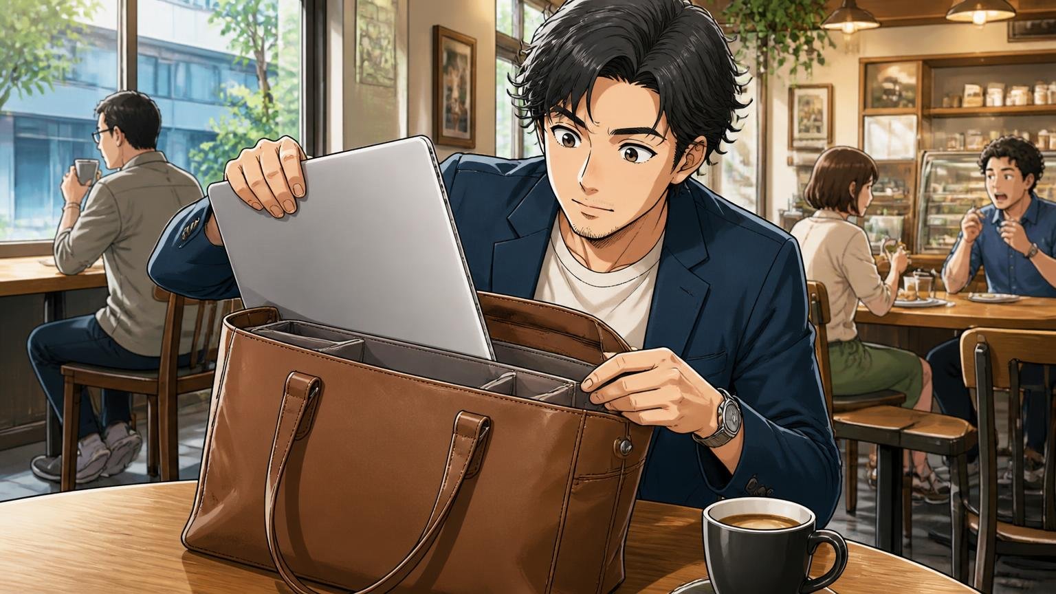 細部の不満は使い方で差が出る　カフェのテーブルで革のトートからノートPCを取り出し仕切りを確かめる30代男性の場面
