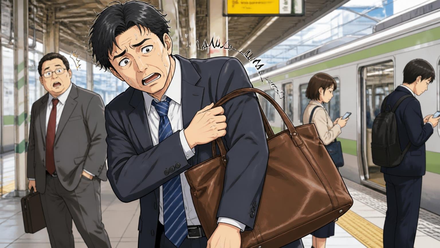 「肩からずり落ちる」「ファスナーが片手で閉めにくい」　駅のホームでスーツの肩から革のトートがずり落ちて慌てて押さえる40代男性1人