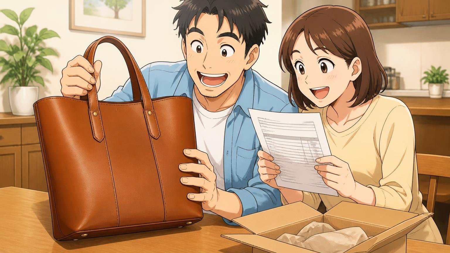送料無料・返品は到着8日以内・1年無償修理の条件 自宅のダイニングテーブルで届いた革トートと納品書を確認する夫婦2人が安心した表情の場面