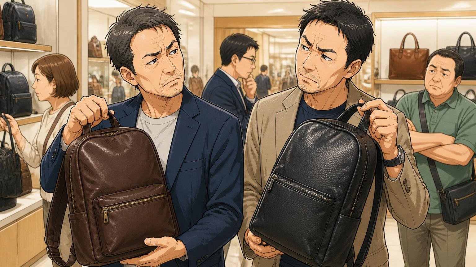 「ギラっとした高級感はない」見た目の好みが分かれる声、百貨店のバッグ売り場で革リュックを手に取る40代男性2人が首をかしげて見比べる場面