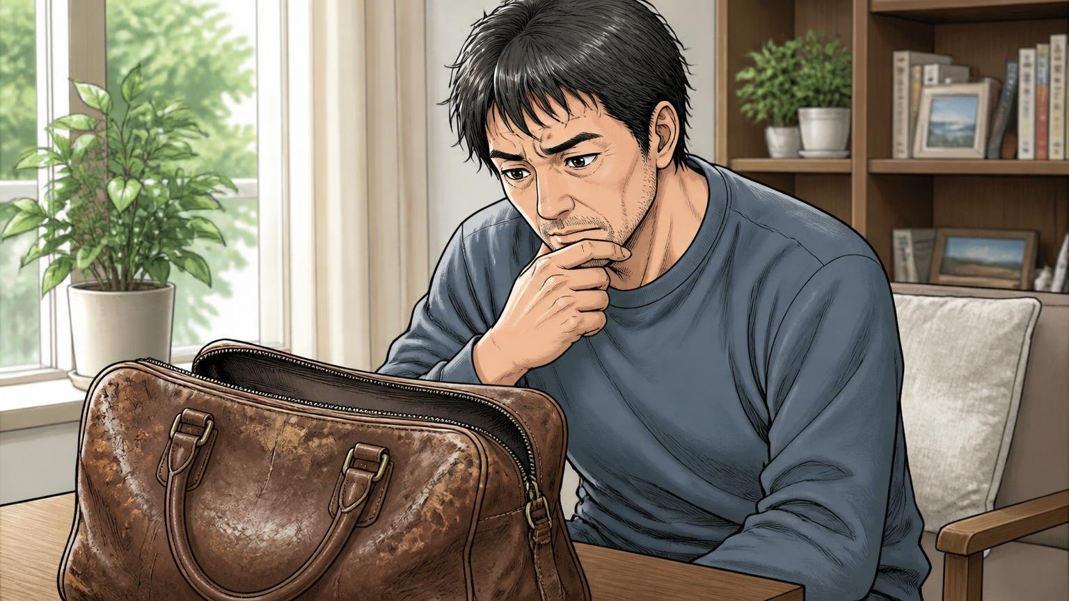 「1年で色褪せ」など厳しい声の中身を読み解く、自宅の窓際で色あせた革のバッグを見つめる40代男性1人が考え込む場面