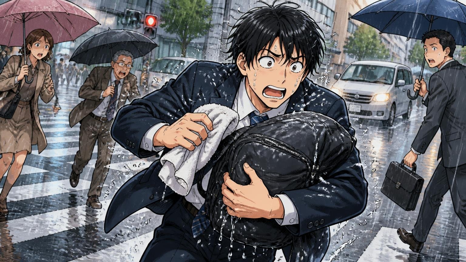 雨で革が伸びるもう少し安ければという声、雨の交差点で濡れたリュックを抱えて走る会社員がタオルで拭こうと慌てる場面