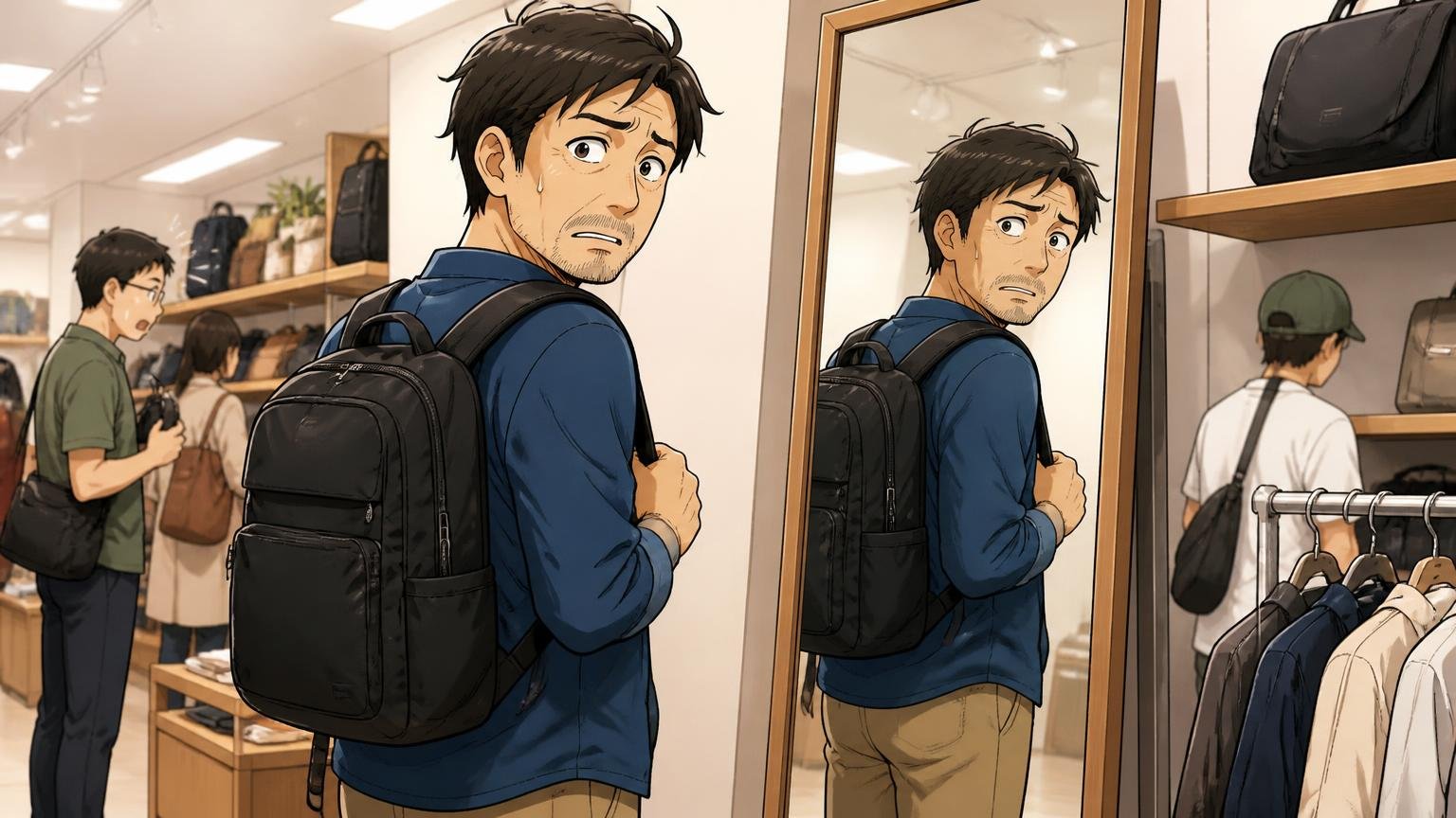 「若い人向け?」40代が持つとどう見えるか、ショップの姿見の前で40代男性1人がリュックを背負い不安げに振り返る場面