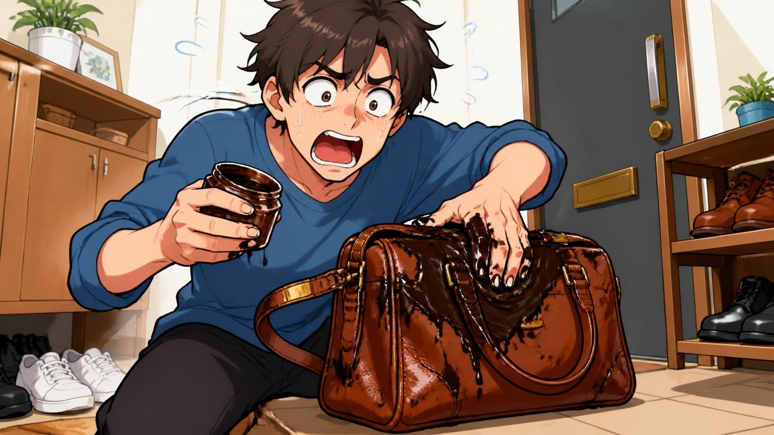 靴クリームで代用して塗りすぎる 自宅の玄関で靴クリームを革バッグにたっぷり塗りベタベタになって慌てる20代男性1人