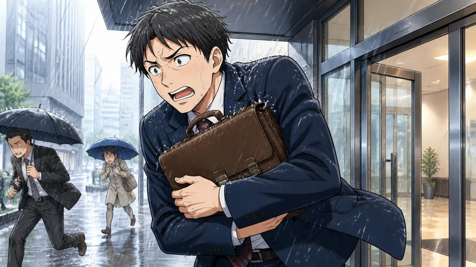 「雨や汗の扱いに気を遣う」 雨の日のオフィスビルの入口で男性が革ブリーフを胸に抱えて雨粒をよけ、慌てた表情を見せる場面