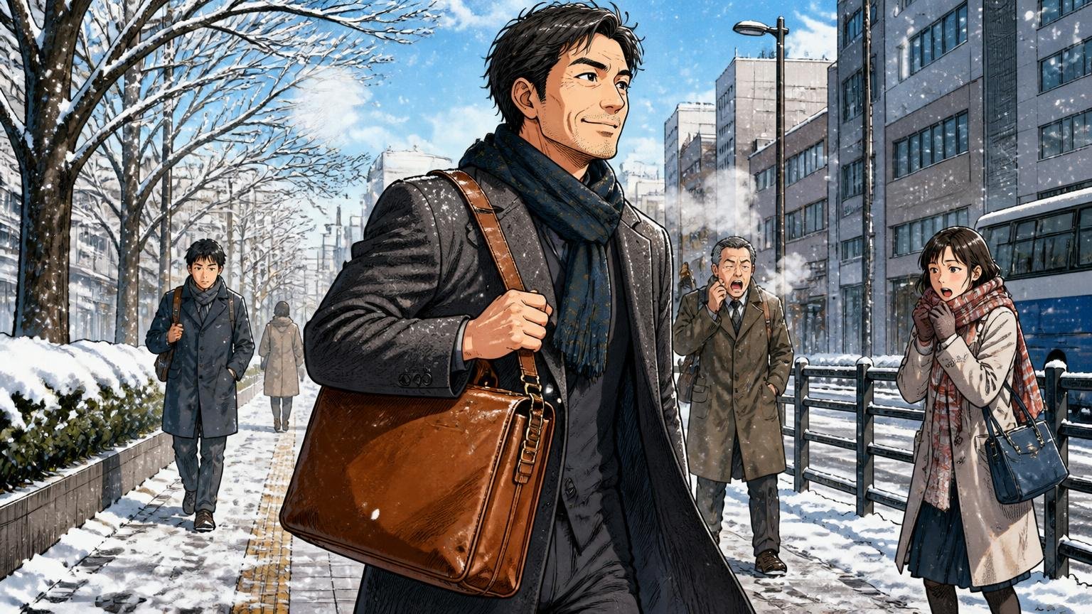 長く使った人の声:11年使っても壊れない、5年でも型崩れなし 雪の降る朝の通勤路で飴色の革バッグを持つ場面、40代男性1人が誇らしげに歩く