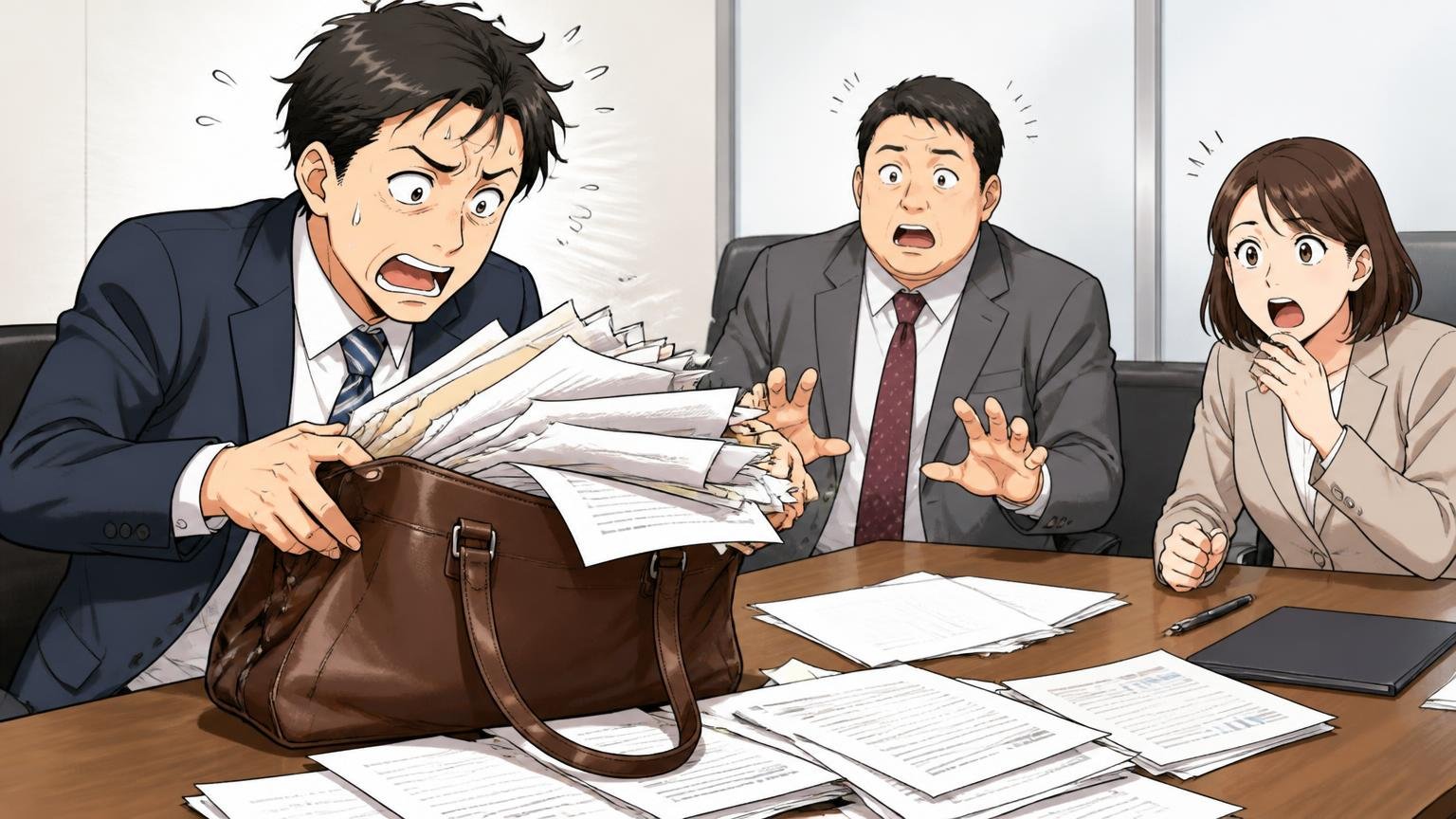 「仕事で使いにくい」｜トートは閉まらず書類が多いと収まりにくい。商談先の会議室で書類があふれる革トートに焦る40代男性と取引先の2人の場面