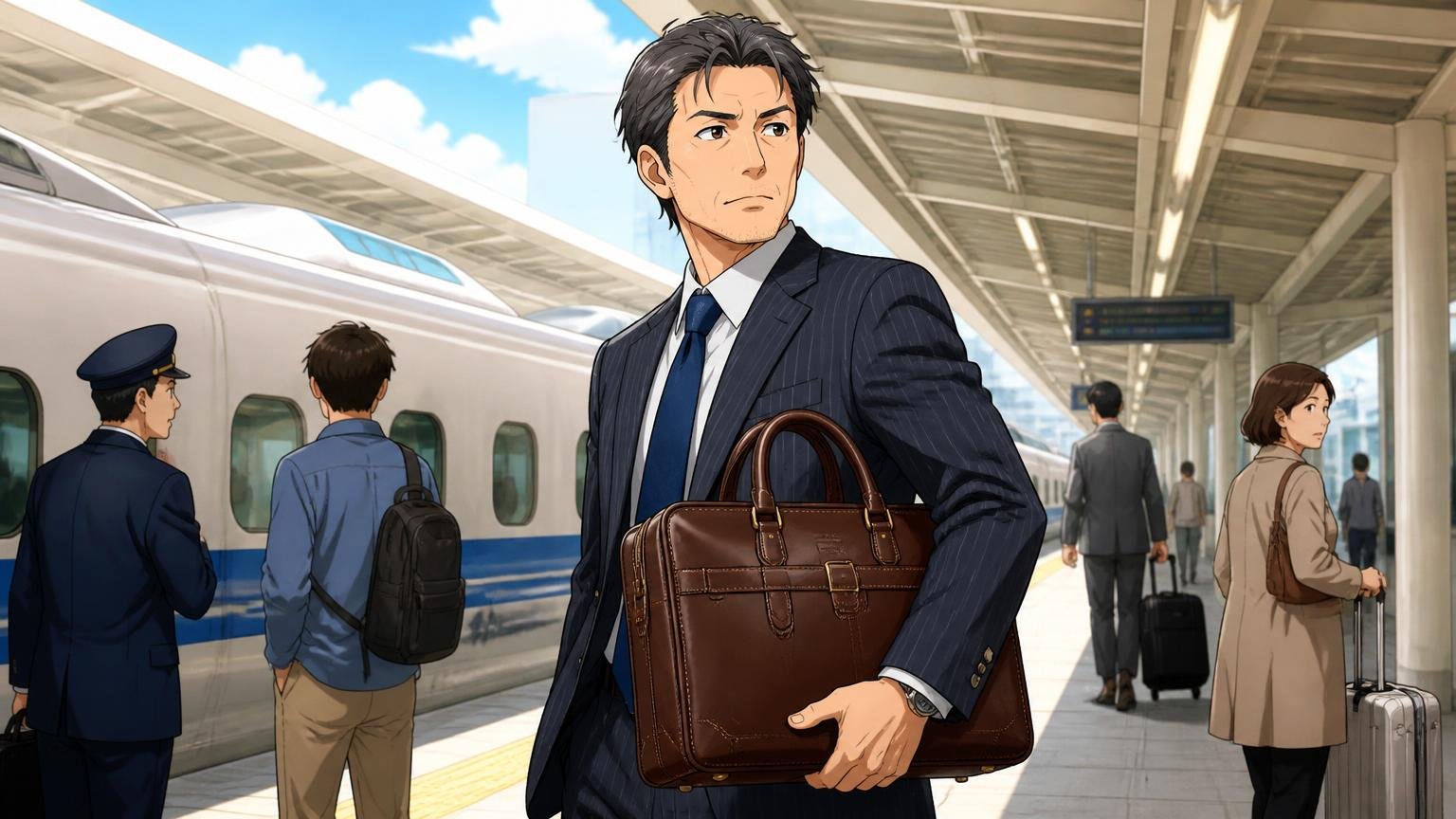 Famiglia(オリジナル国産牛革):10周年記念の本格ビジネスバッグ 出張先の駅のホームで重厚な革のブリーフケースを持つ40代男性1人