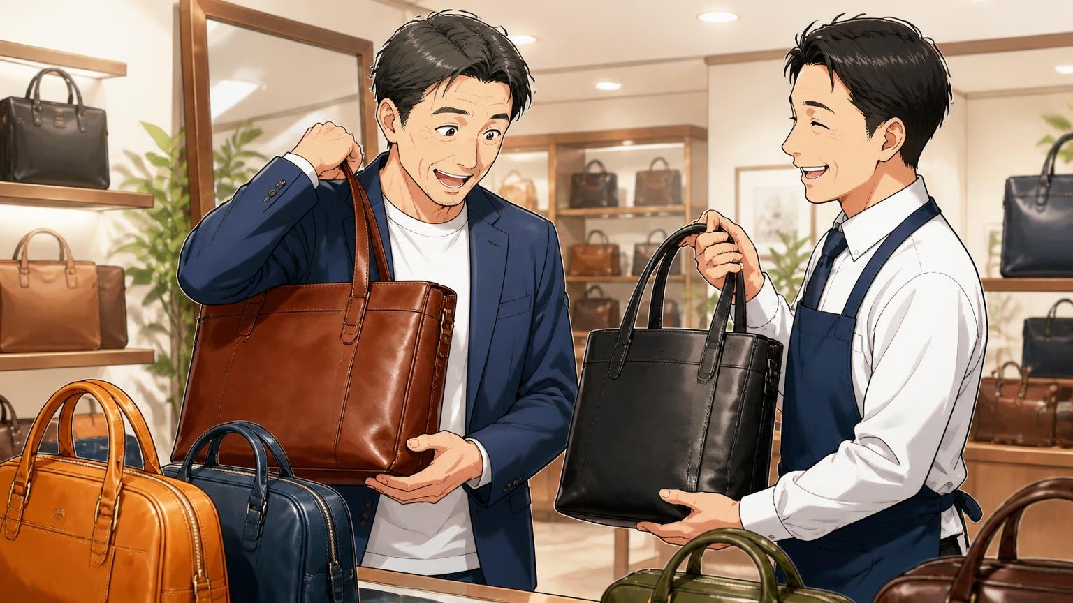 持ち手の太さ・長さ・重心は、実物を持って確かめる、ショールームで店員と革のバッグを持ち比べる場面、店員1人と40代男性1人が笑顔