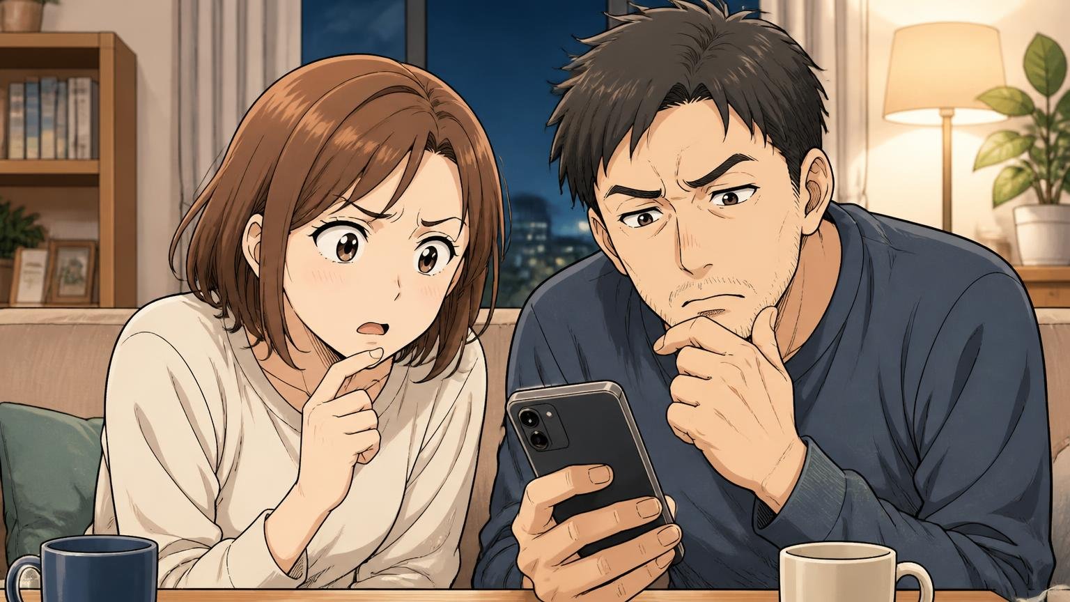 「ダサい」「胡散臭い」は本当?|夜のリビングでスマホの検索結果を見た30代女性と40代男性が首をかしげる場面