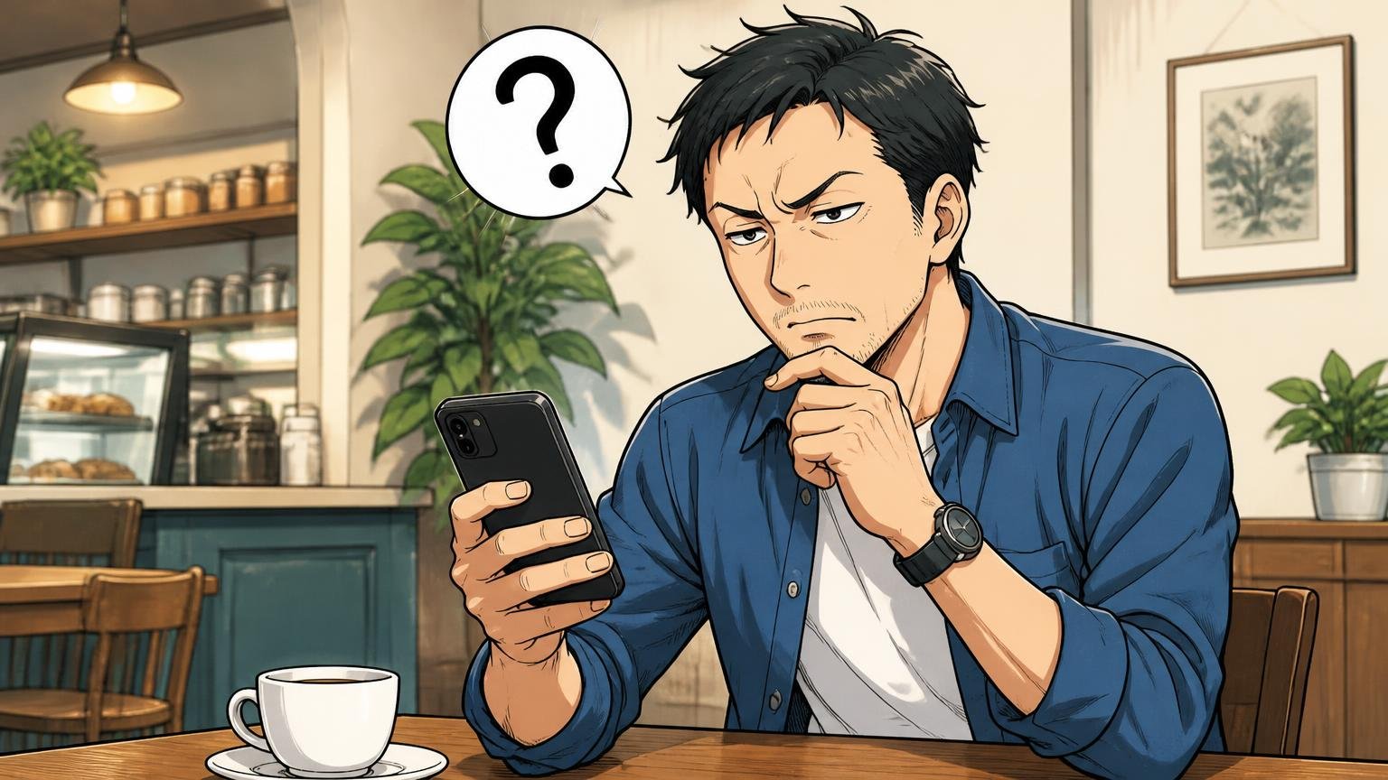 「宣伝の仕方が苦手」というブランドへの不信感 カフェの席でスマホの広告記事を読む40代男性1人が首をかしげて疑う表情の場面