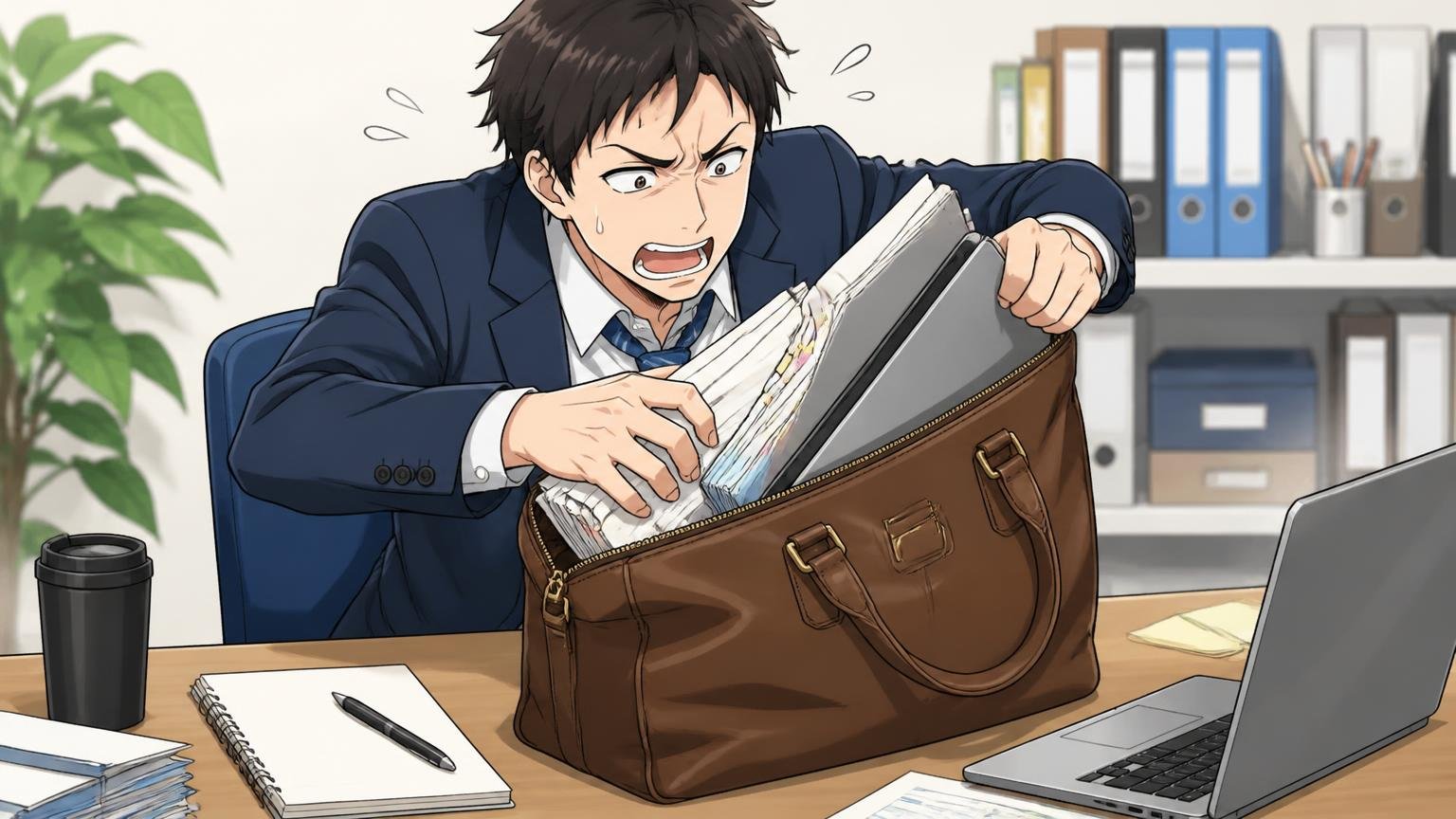 モデルによってはマチが薄く思ったより入らない。オフィスのデスクで書類とノートパソコンを革のバッグに詰め込もうと苦戦する男性1人