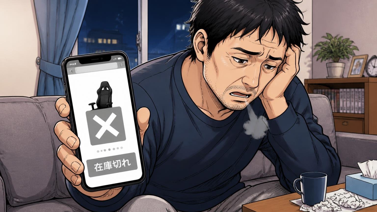 人気モデルは入荷待ちで、すぐには買えない 夜の自宅でスマホの「在庫切れ」画面を見つめる場面 40代男性1人が肩を落としてため息をつく