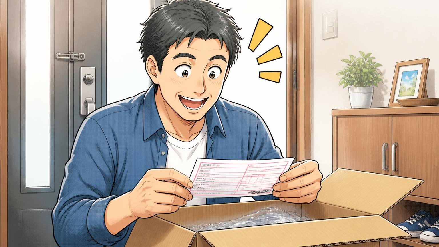 送料・返品・修理の条件｜公式ストアなら到着後10日以内の返品に対応　自宅の玄関で届いた段ボールを開けて返品伝票を確認する40代男性1人が安心した表情の場面