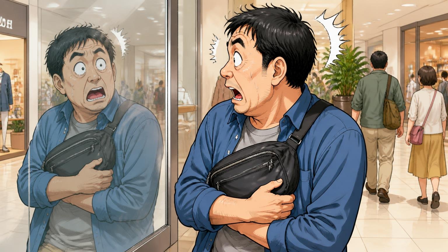 胸の前で抱える着け方が「生活感」に見えてしまう。休日のショッピングモールで中年男性1人がボディバッグを胸の前で抱え、ガラスに映った姿を見てギョッとする場面
