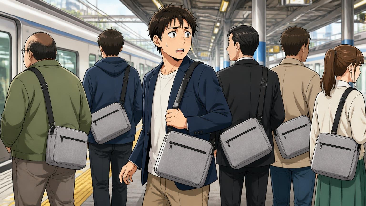 理由④ロゴもデザインも控えめで「個性が弱い」と感じる人がいる、駅のホームで同じ形のバッグを持つ人たちに囲まれた30代男性1人が戸惑って周りを見回す場面