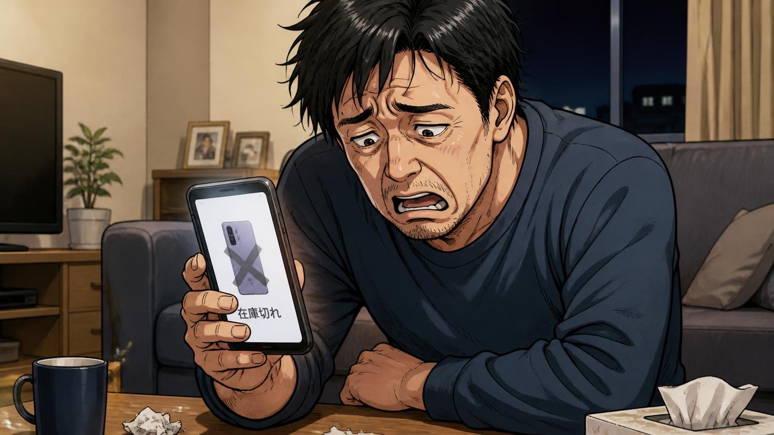 在庫切れが多く入荷待ち1年半という声も。夜の自宅でスマホの在庫切れ表示を見てがっくり肩を落とす40代男性1人
