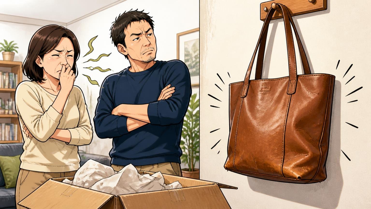 届いた直後の匂いと、詰め込みによる型崩れ、リビングの壁に掛けた革トートを腕組みして眺める40代の夫婦2人
