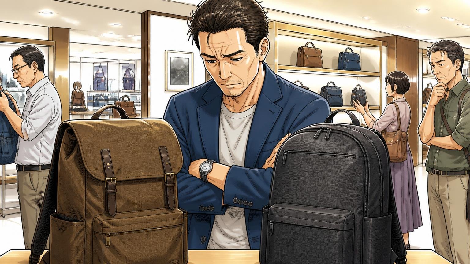 デザインに「時代の色」があり、普遍性で比べられる、百貨店の鞄売り場で二つのリュックを並べ、腕を組んで真剣に悩む中年男性の場面