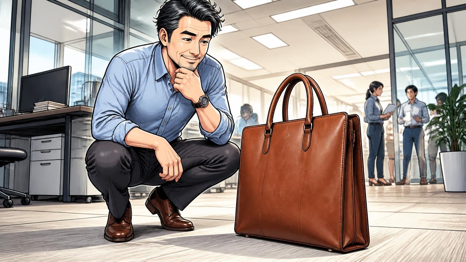 「自立する」「長く使える」など、重さと引き換えに得るものを確かめる、オフィスの床に自立する革のバッグを置く場面、40代男性1人が満足げに見つめる