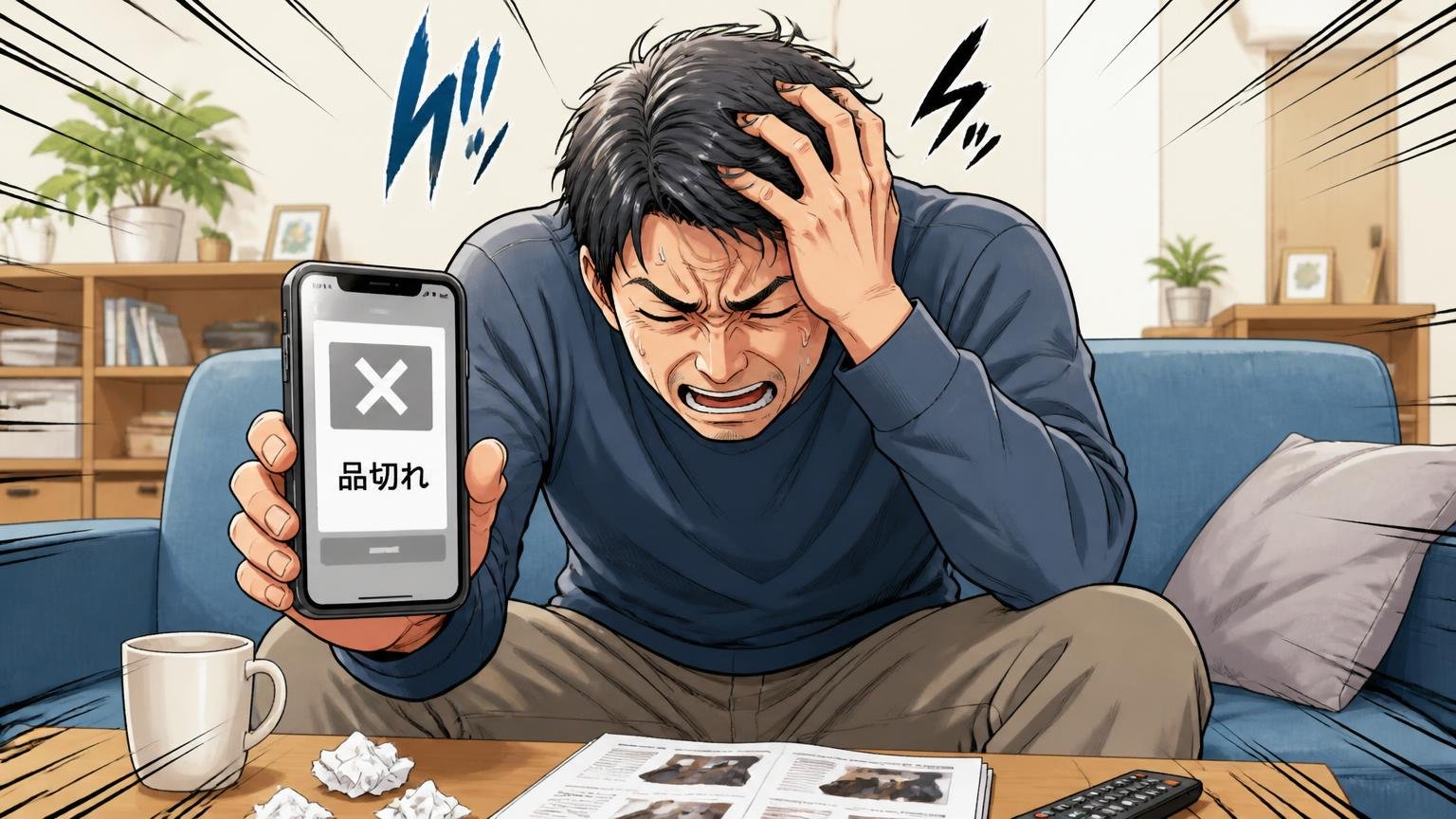 人気モデルは品切れが多くすぐに買えないことがある、自宅のソファでスマホの品切れ表示を見た40代男性が頭を抱えてうなだれる場面