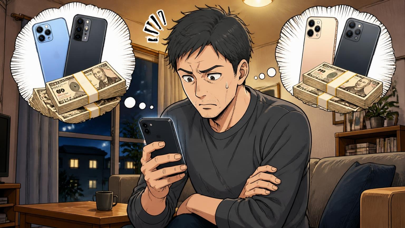 「気軽に出せる価格ではない」10万円前後から20万円超まで 夜のリビングでスマホの価格を見つめる40代男性1人が腕組みする場面